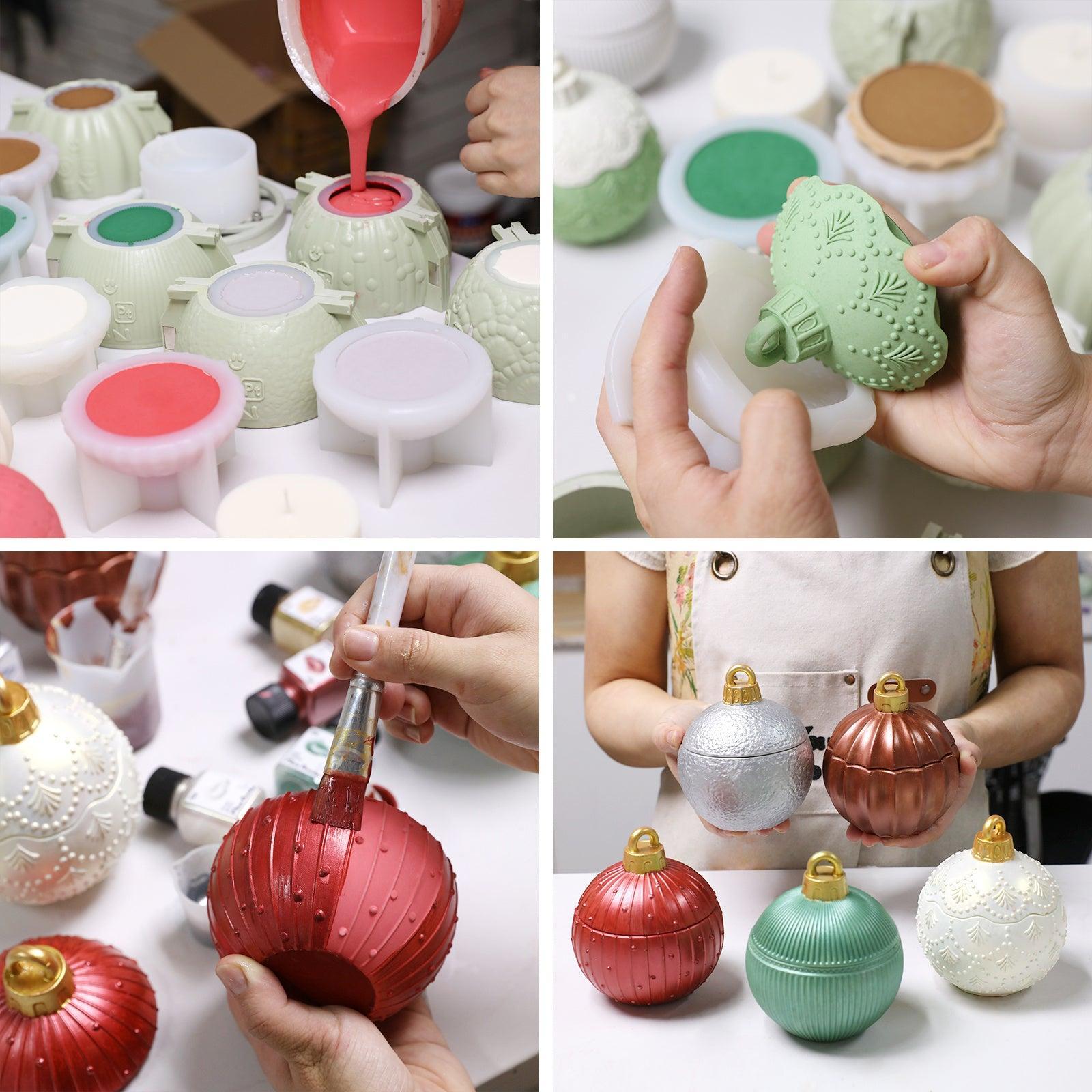 Handmade process of Christmas bauble candle jars – pouring wax, unmolding, painting, and finished ornaments - Boowan Nicole