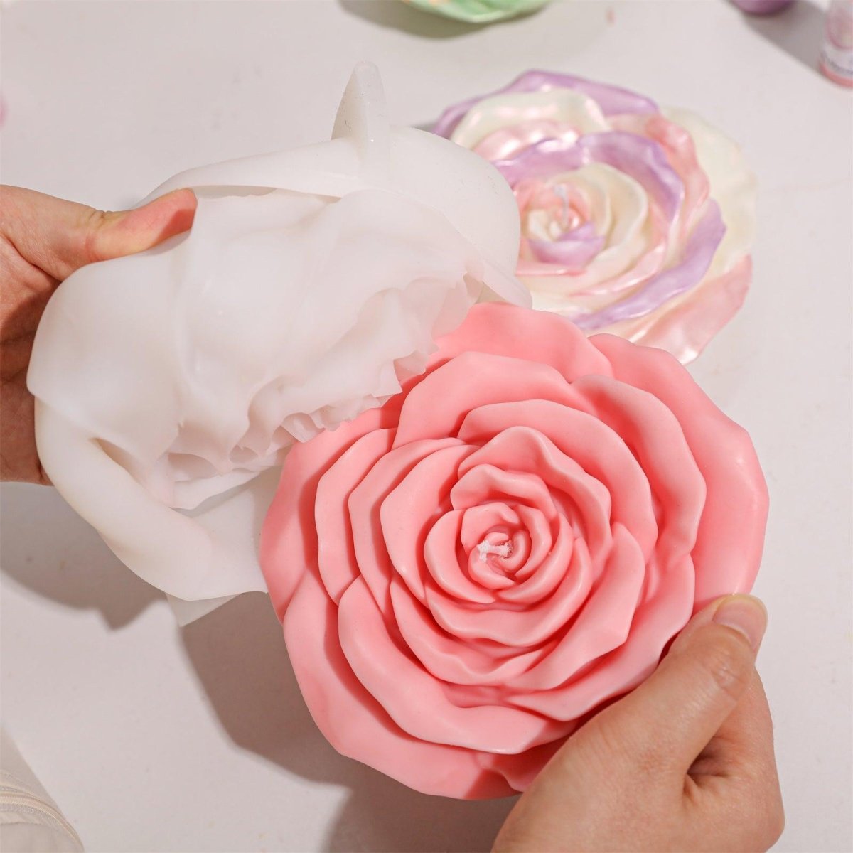 Demolding 6-inch pink rose flower candle – perfect for handmade candle making - Boowan Nicole