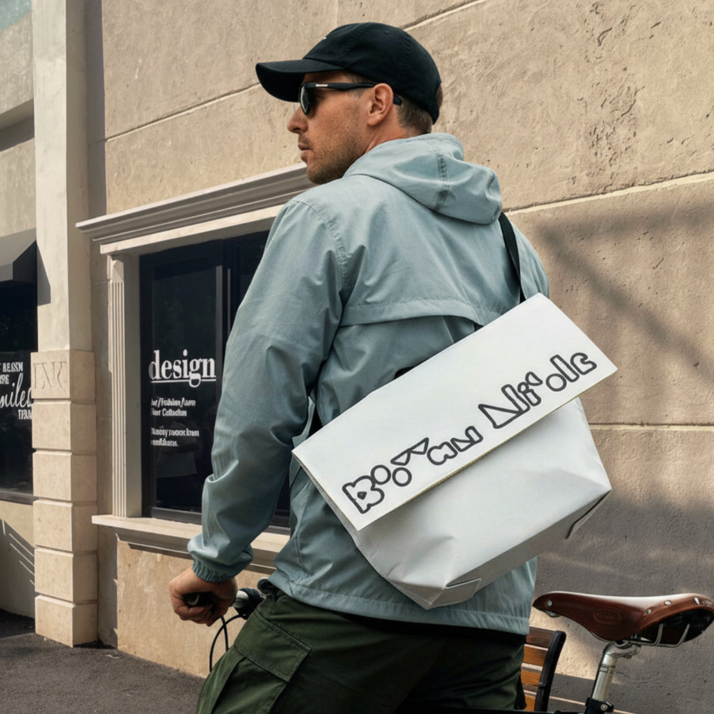 Man cycling in the city wearing a crossbody Boowan Nicole messenger tote bag, styled for casual urban commuting - Boowan Nicole