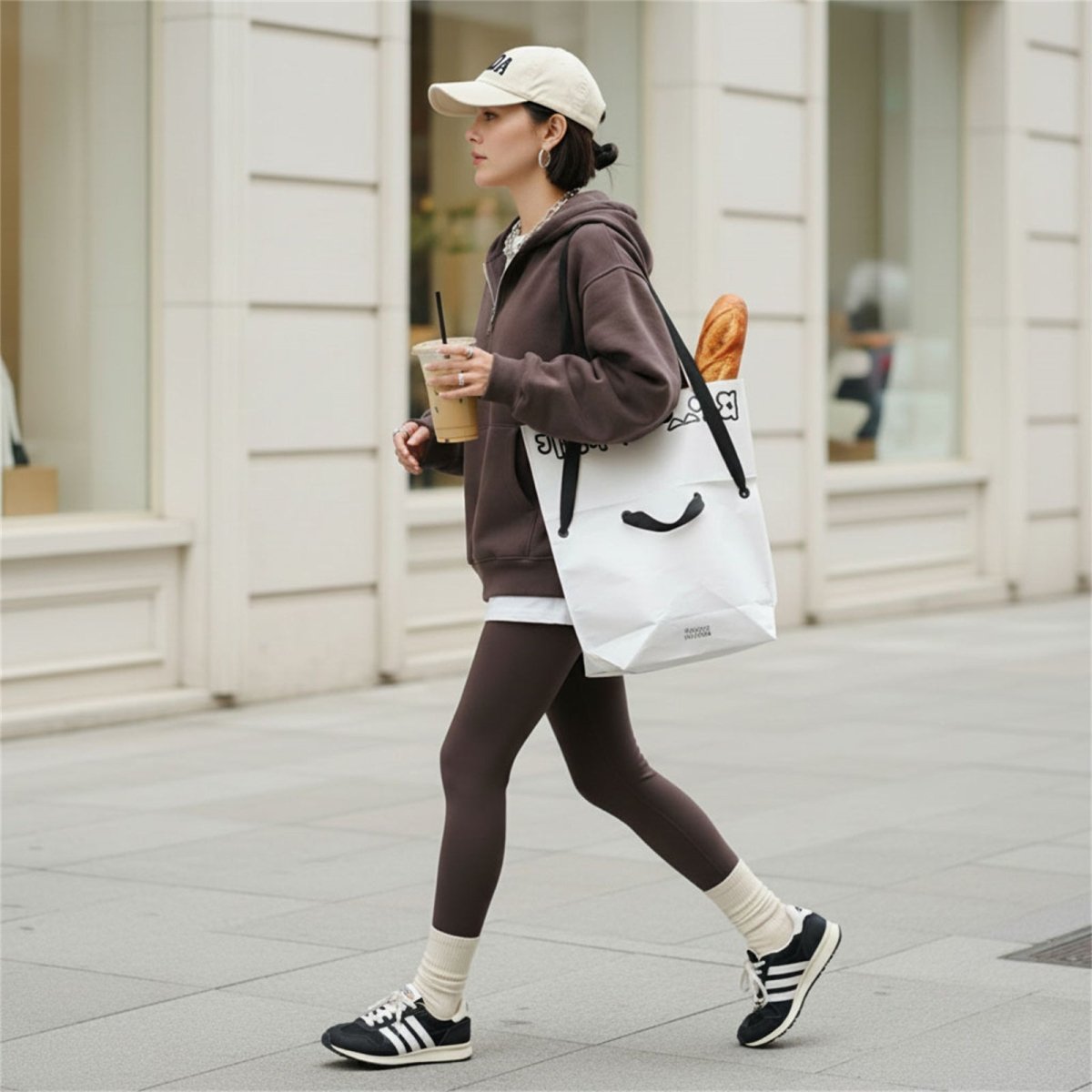 Woman in casual streetwear carrying a white Boowan Nicole tote bag with baguette inside and iced coffee, walking through the city - Boowan Nicole