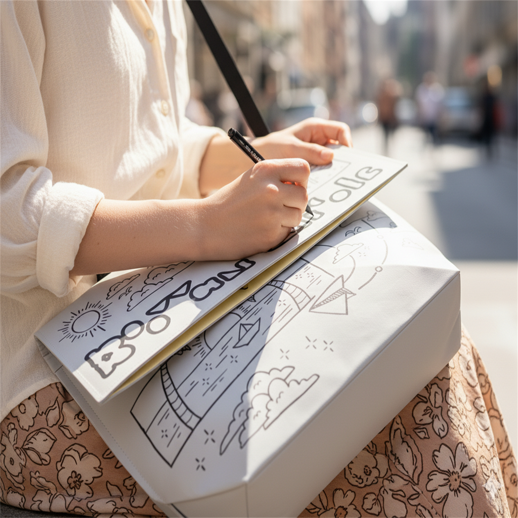 Close-up of a person sketching doodles on the flap of a white Boowan Nicole tote bag, using it as a portable drawing canvas in the city - Boowan Nicole