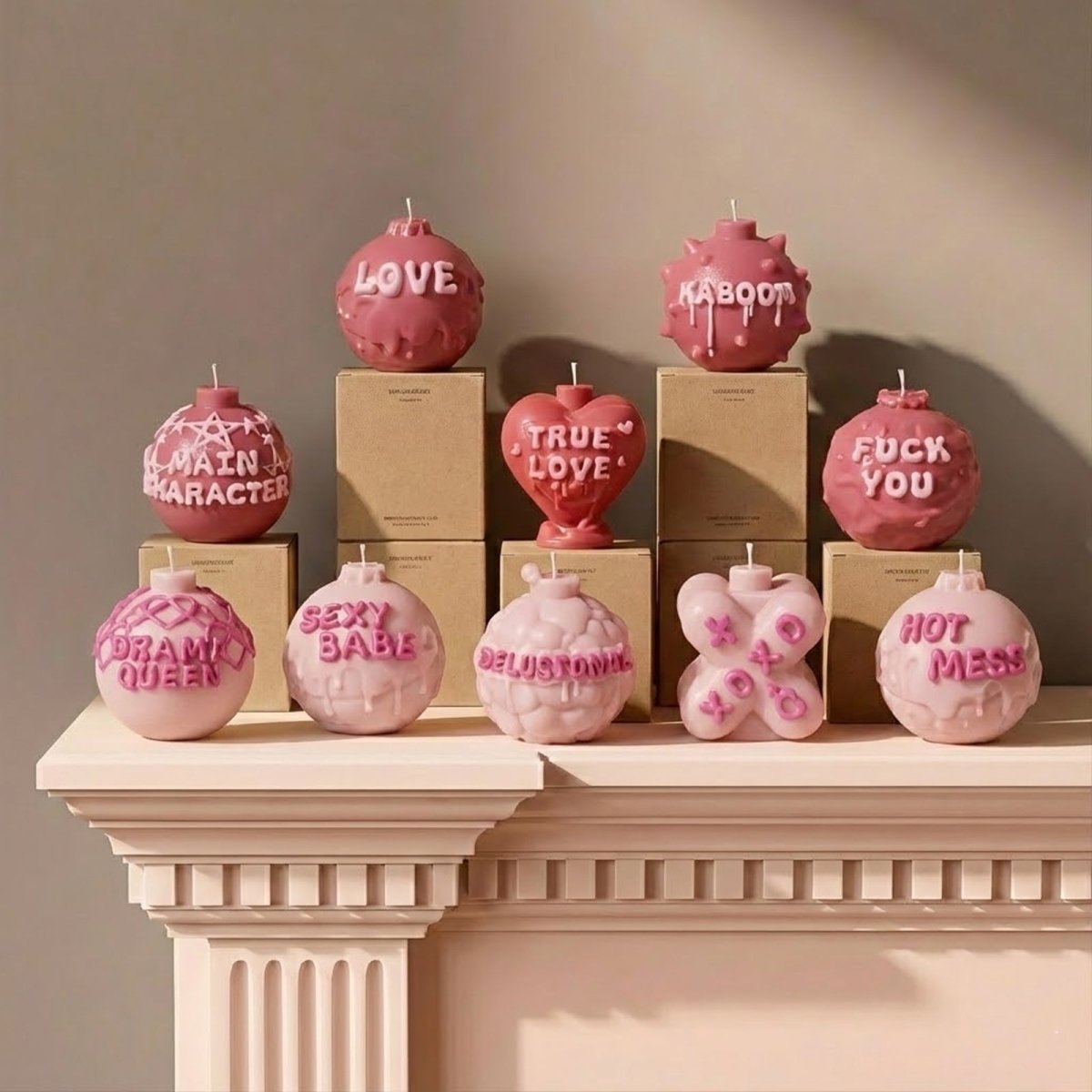 Large Boomy Love Candle Silicone Mold Collection featuring 10 pink pop-art candles with 3D sassy quotes like Main Character, Hot Mess, and Drama Queen - Boowan Nicole