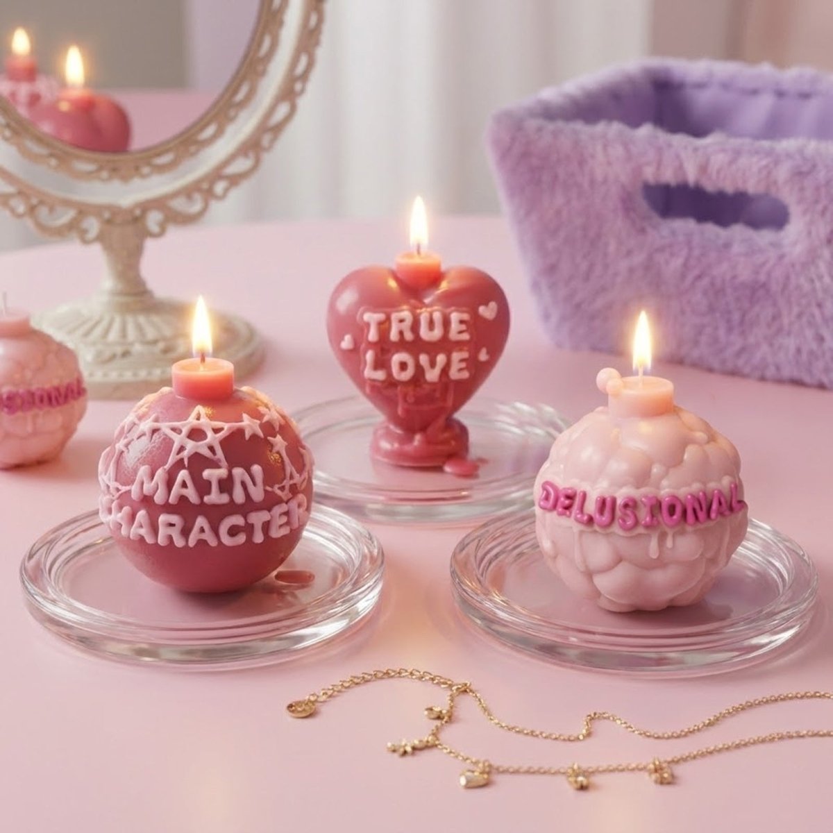 Lit 3D quote candles: Main Character, True Love, and Delusional from the Large Boomy Love collection - Boowan Nicole