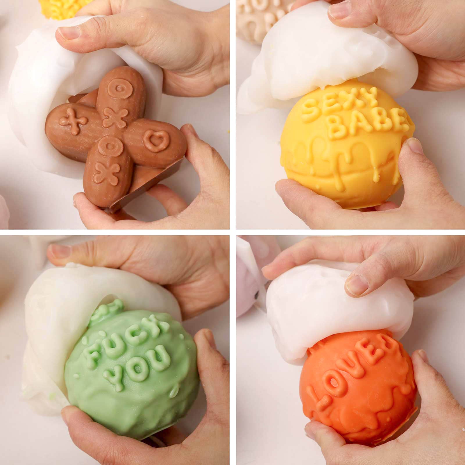 Easy demolding process of Large Boomy Love Silicone Molds, revealing 3D quote candles "XOXO", "SEXY BABE", "FUCK YOU", and "LOVE" in vibrant colors - Boowan Nicole
