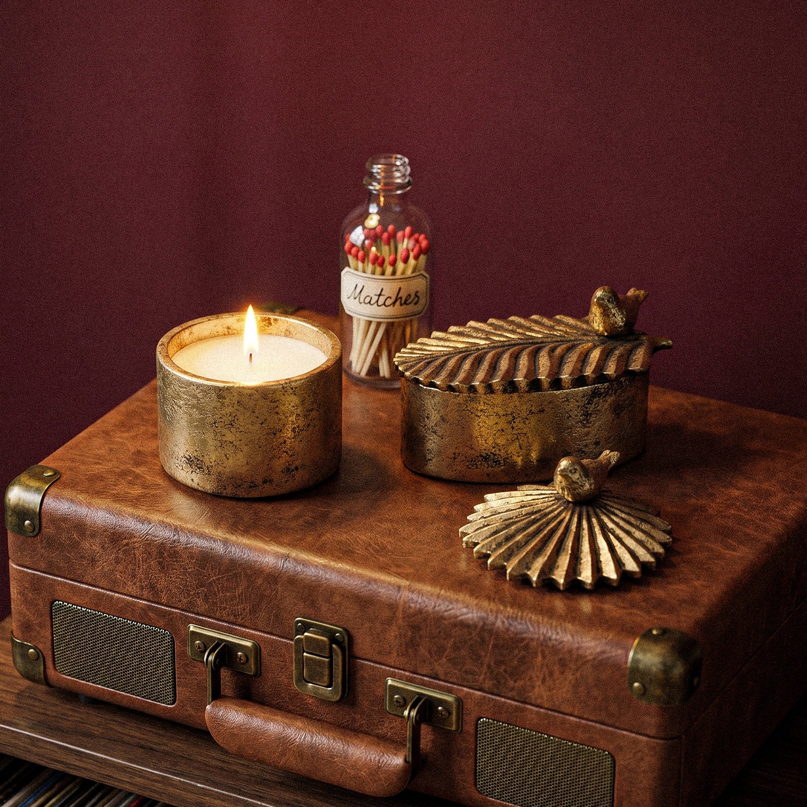 Lit Bird & Leaf Candle Jar on vintage leather suitcase with home decor - Boowan Nicole