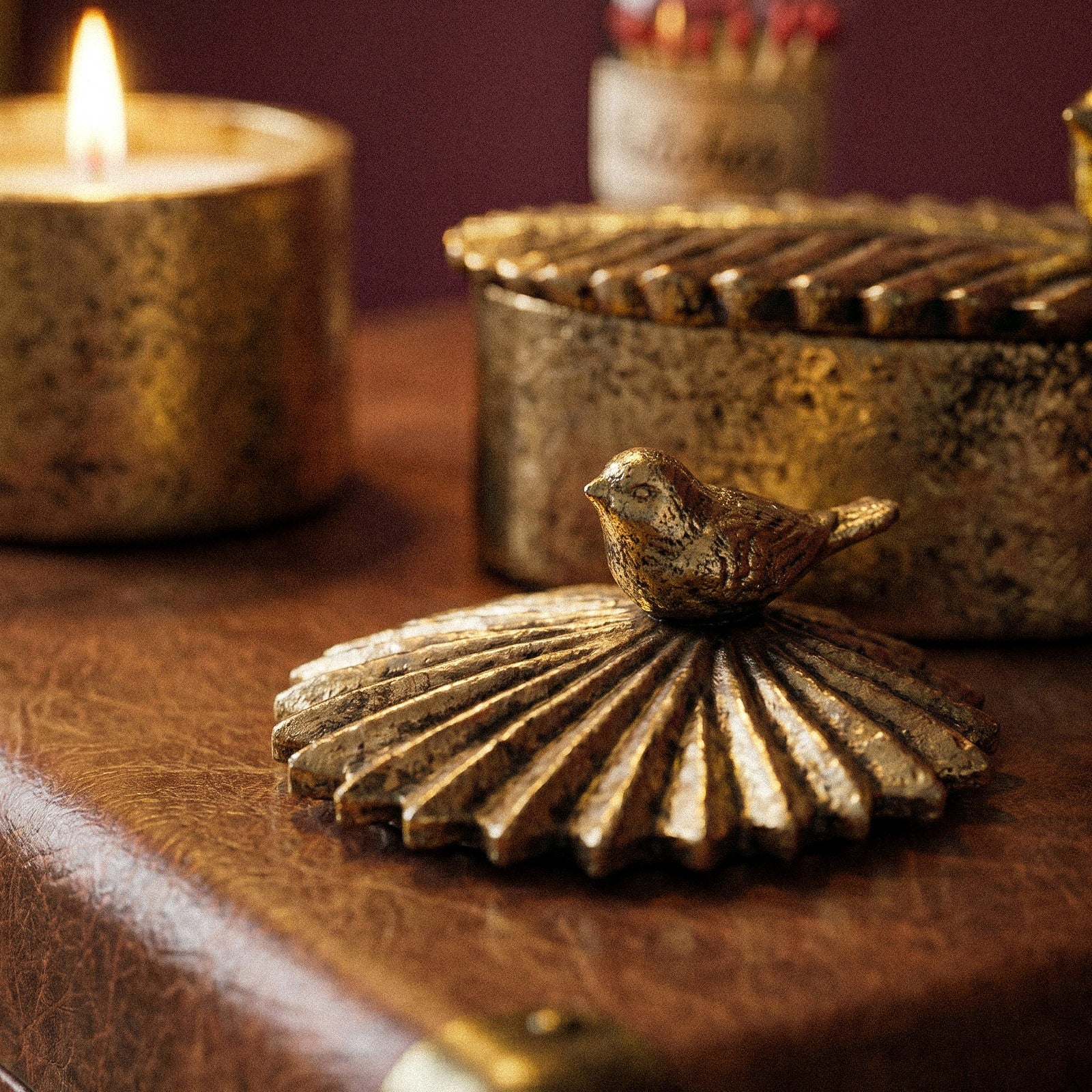 Close-up of bird figurine lid from Bird & Leaf Candle Jar - Boowan Nicole
