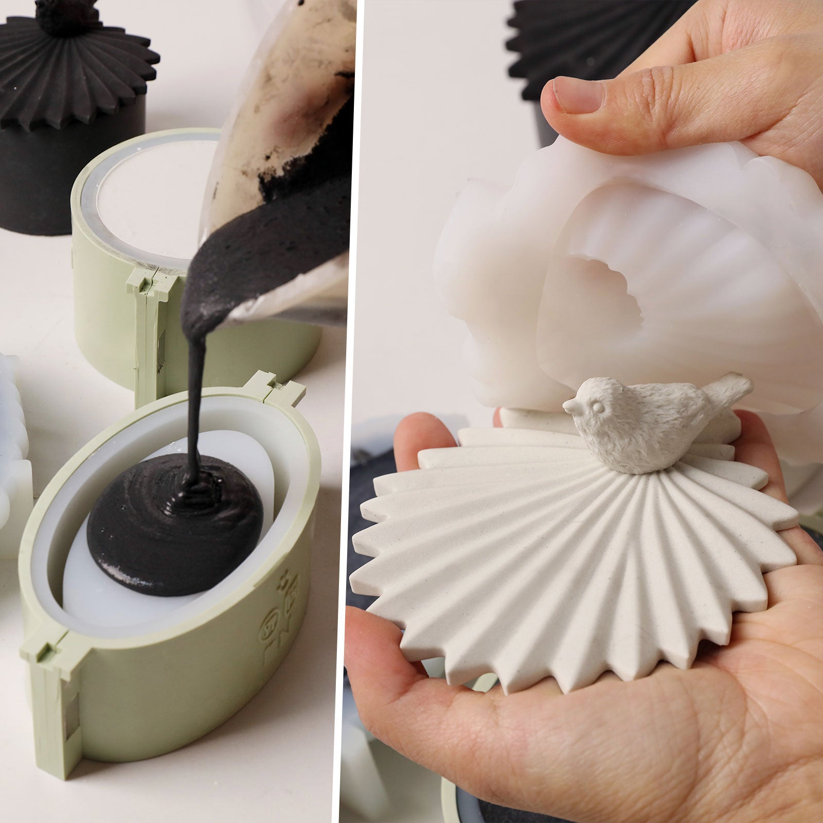 Pouring cement into Bird & Leaf Candle Jar mold and unmolding finished lid - Boowan Nicole