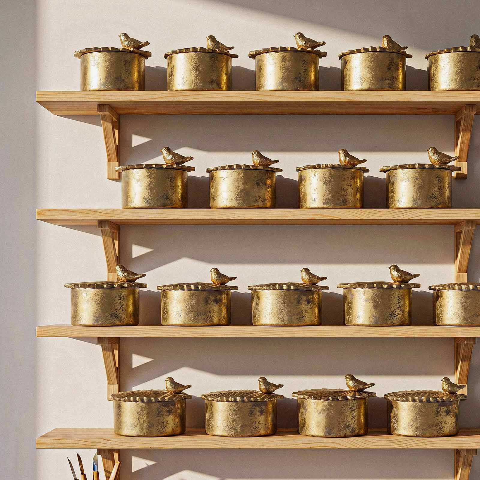 Multiple Bird & Leaf Candle Jars displayed on wooden shelves - Boowan Nicole