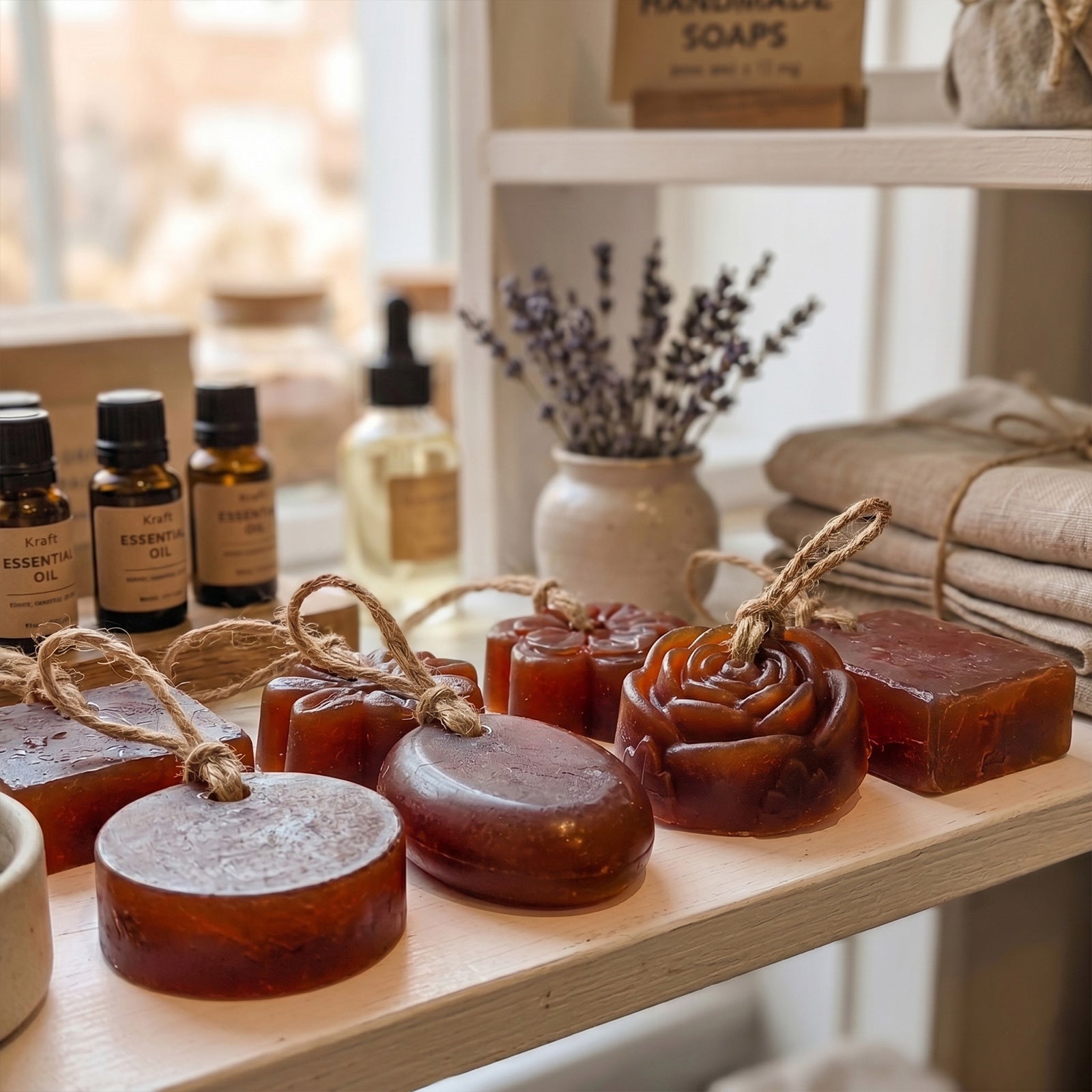 Assorted Handmade Lemon Tea Soap Bars on Display Shelf - Boowan Nicole