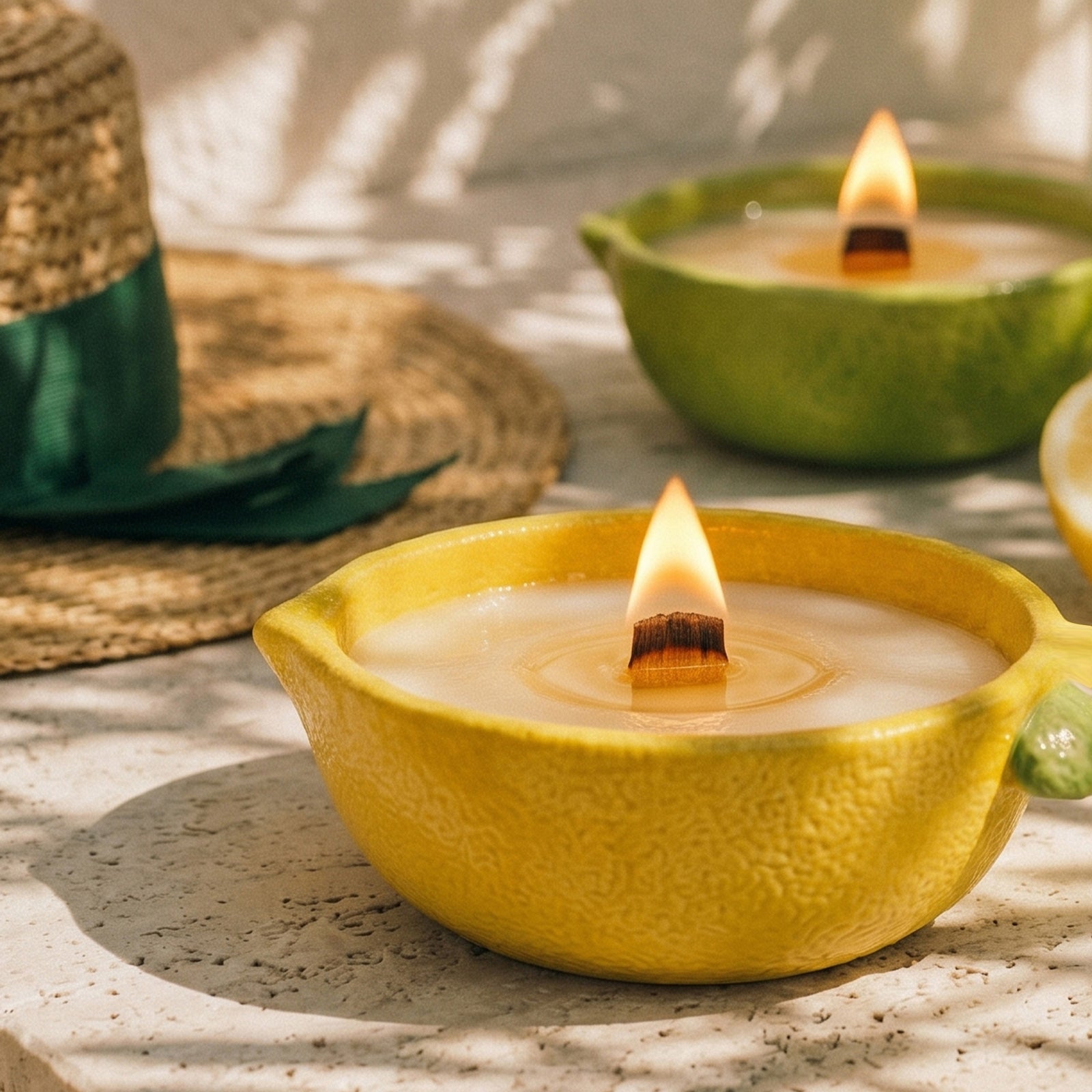 Burning Lemon Peel Textured Bowl Candle Under Dappled Tree Shadow - Boowan Nicole
