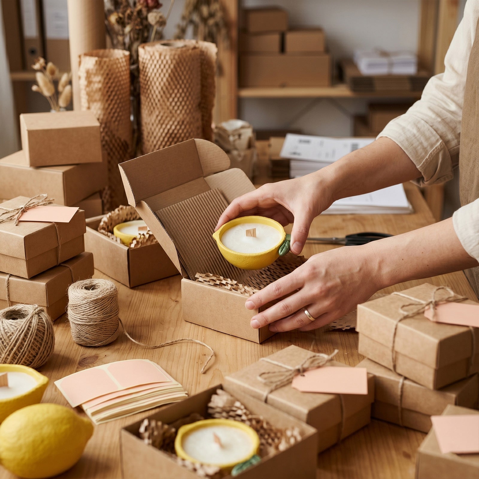 Packaging Finished Lemon Boat Scented Candles into Kraft Gift Boxes - Boowan Nicole
