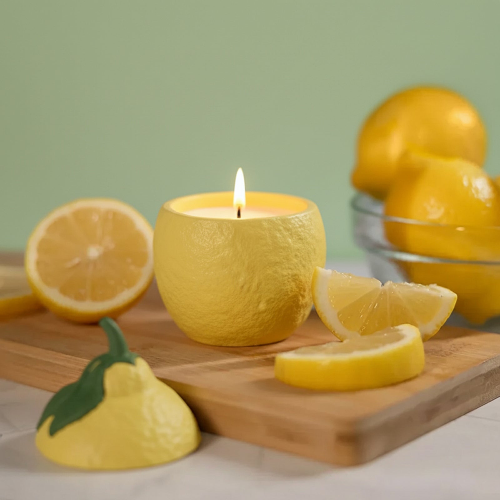Lemon-shaped candle jar with textured peel burning on a cutting board, lid and lemon slices nearby - Boowan Nicole