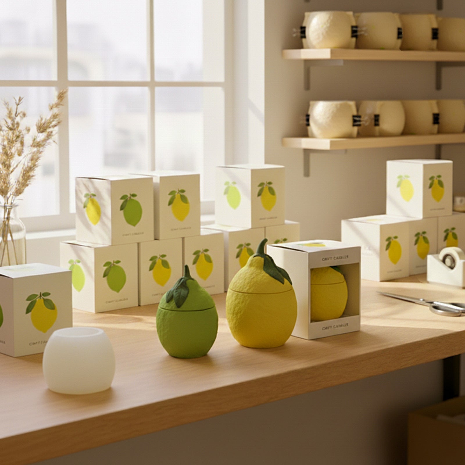 Lemon-shaped candle jars with leaf lids on a shop counter beside lemon-print packaging - Boowan Nicole