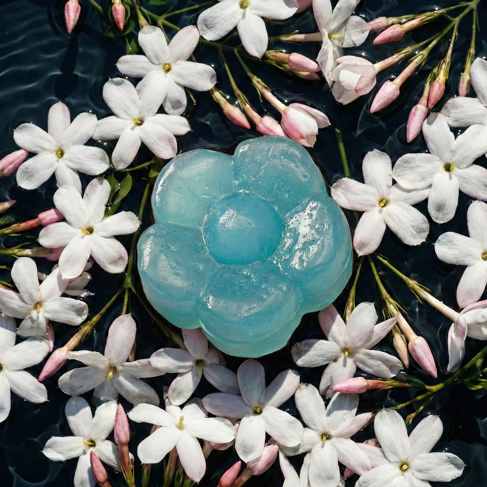 Turquoise flower-shaped soap resting on fresh jasmine flowers floating on dark water - Boowan Nicole