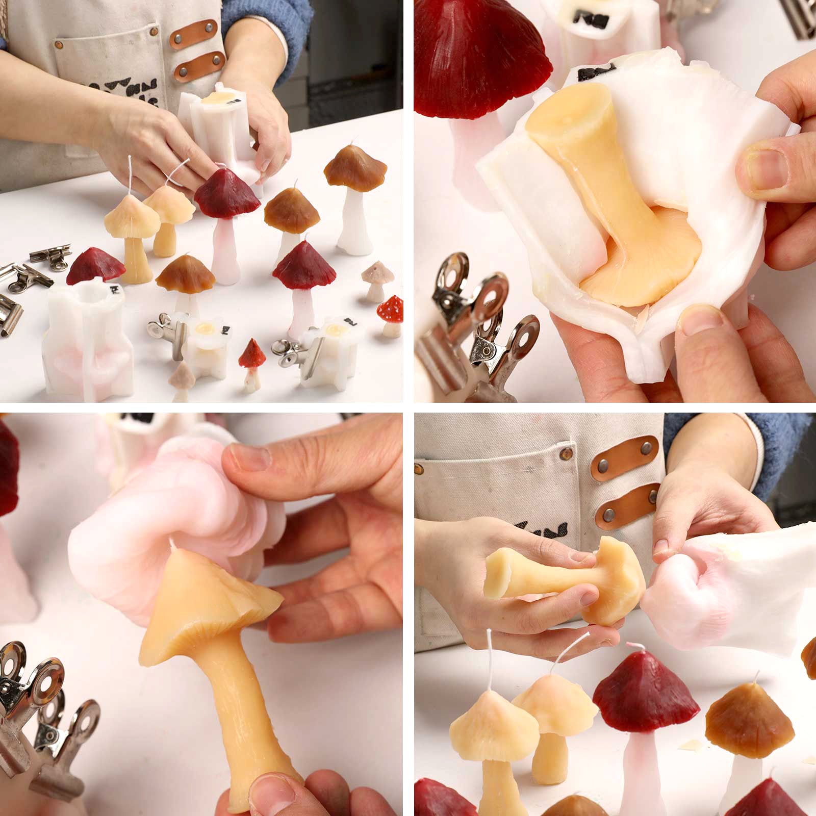 A collage showing the de-molding process of handmade mushroom candles from silicone molds, revealing the intricate textures and artisanal details - Boowan Nicole