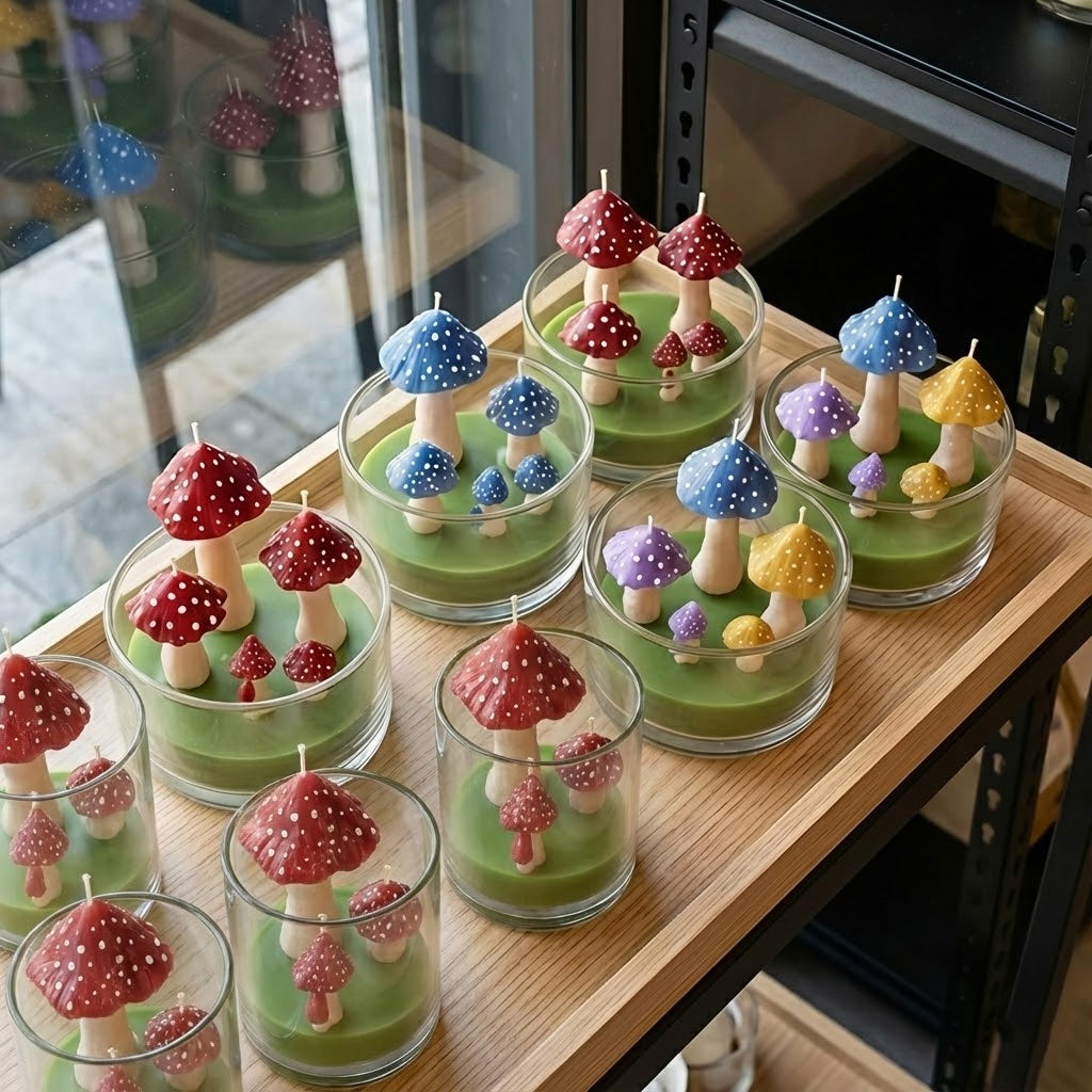 Assorted colorful mushroom-themed aesthetic candles in glass jars on display - Boowan Nicole
