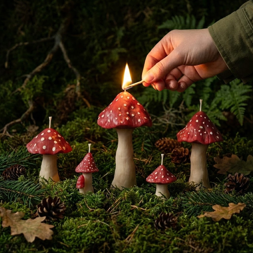 Lit red spotted mushroom aesthetic candle in a forest moss setting - Boowan Nicole