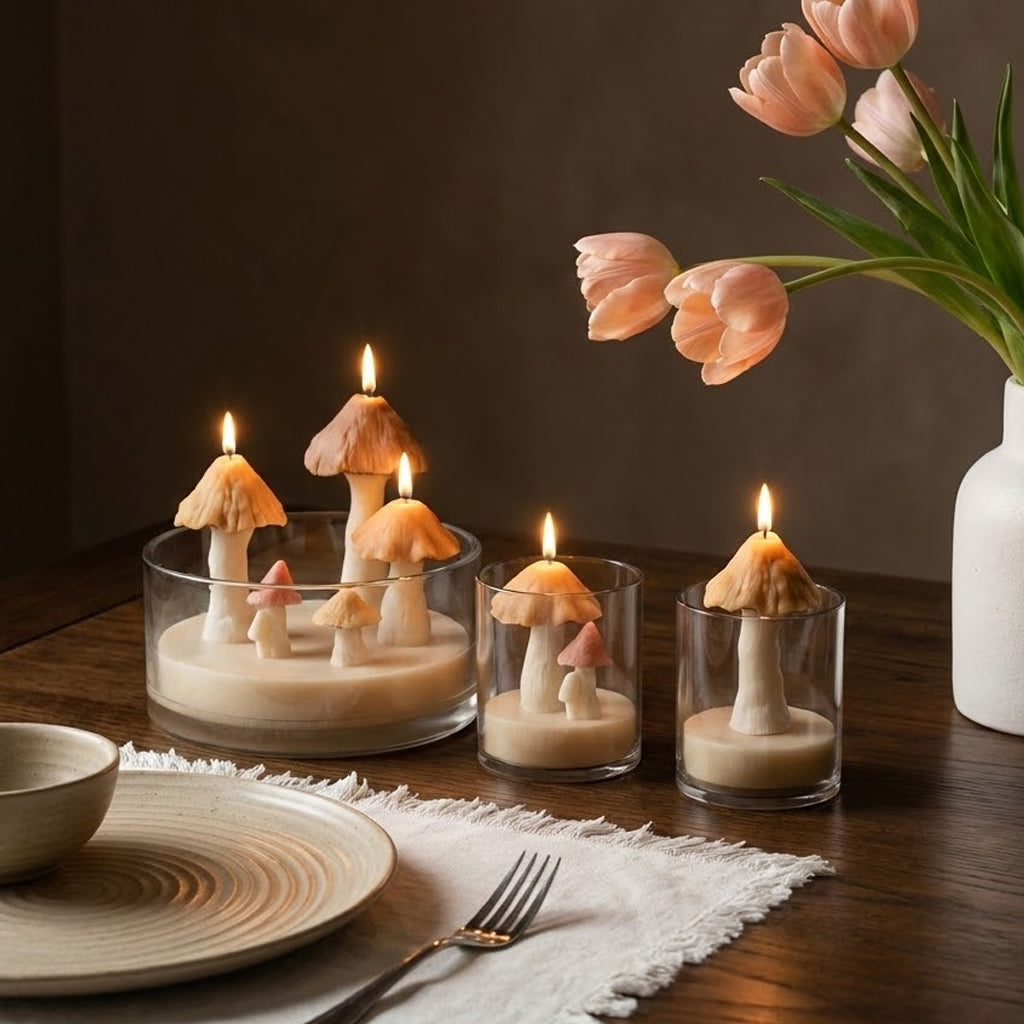 Mushroom-shaped candles lit inside clear glass containers on a wooden dining table, styled with pink tulips and neutral dinnerware for a cozy, aesthetic home ambiance - Boowan Nicole