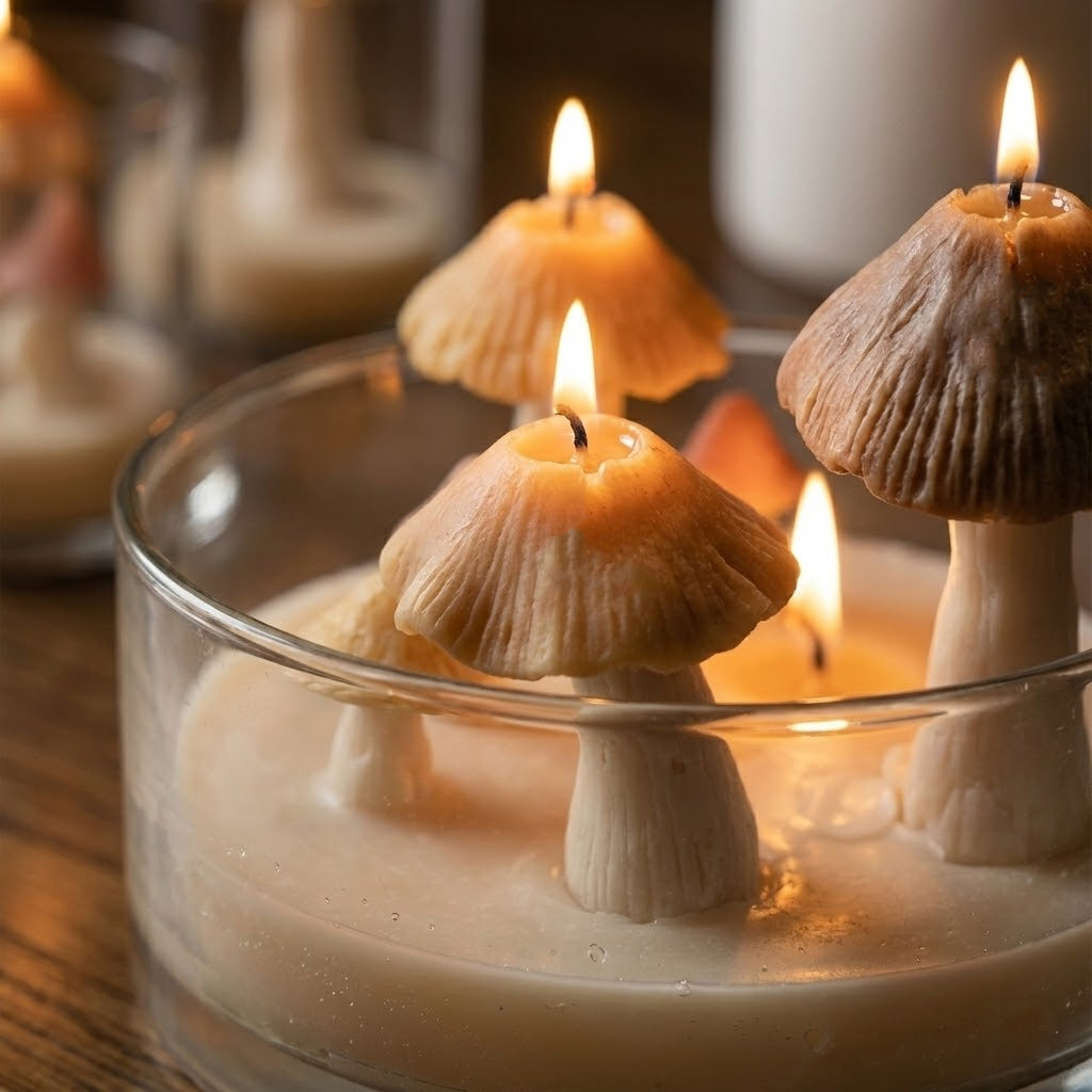 Close-up of lit mushroom-shaped candles in earthy tones inside a clear glass container, showcasing realistic textures and a warm, cozy woodland ambiance - Boowan Nicole