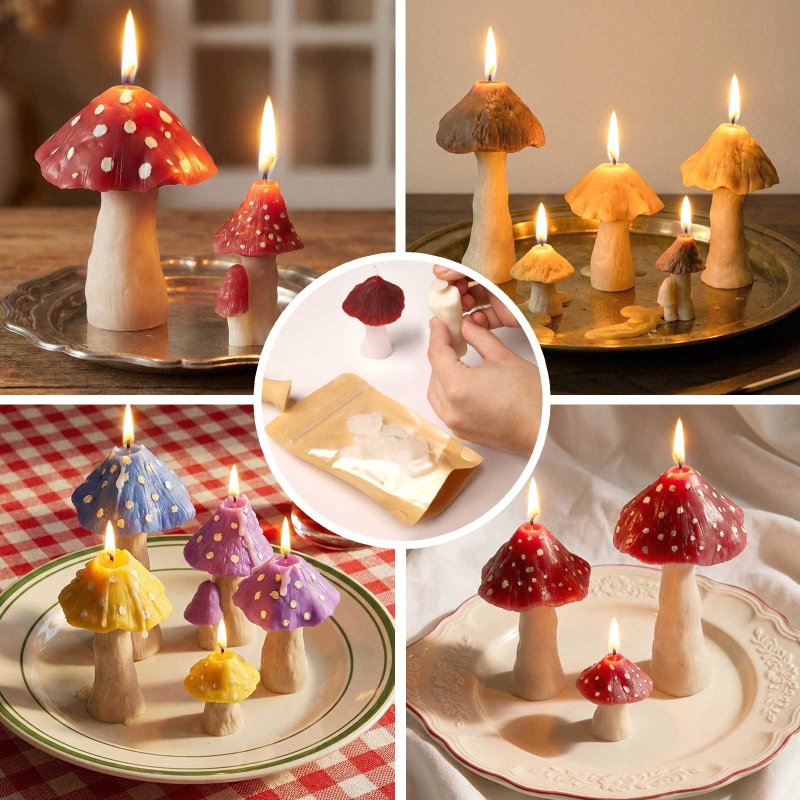 A collage of mushroom-shaped candles in various colors (red, blue, purple, brown), lit on decorative plates, with a center insert showing the DIY assembly kit and components - Boowan Nicole