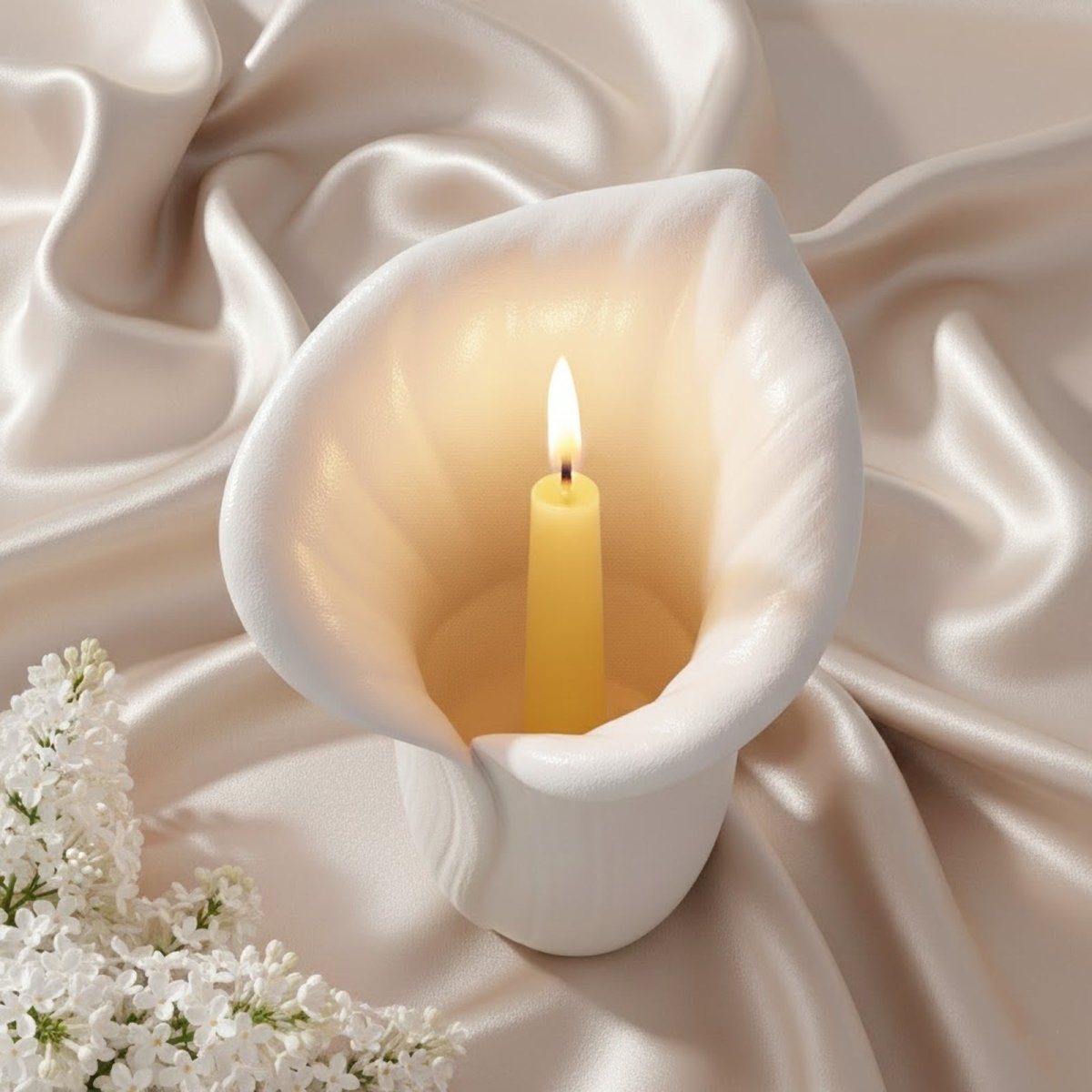 Close-up of a lit Copo de Luz calla-lily candle holder on blush satin, finished piece made with the Maria Nuvem x Boowan Nicole silicone mold - Boowan Nicole