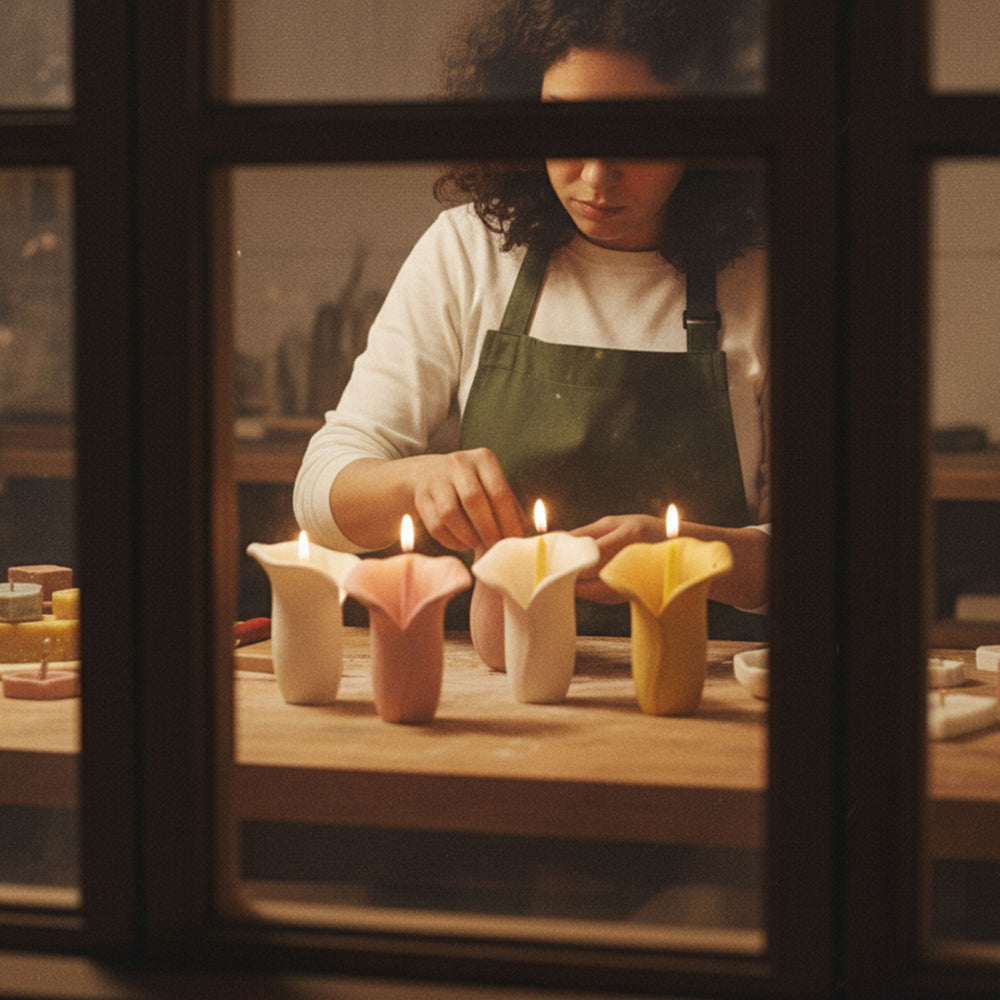 Artisan in a green apron hand-finishing pastel Copo de Luz calla-lily candle holders - Boowan Nicole
