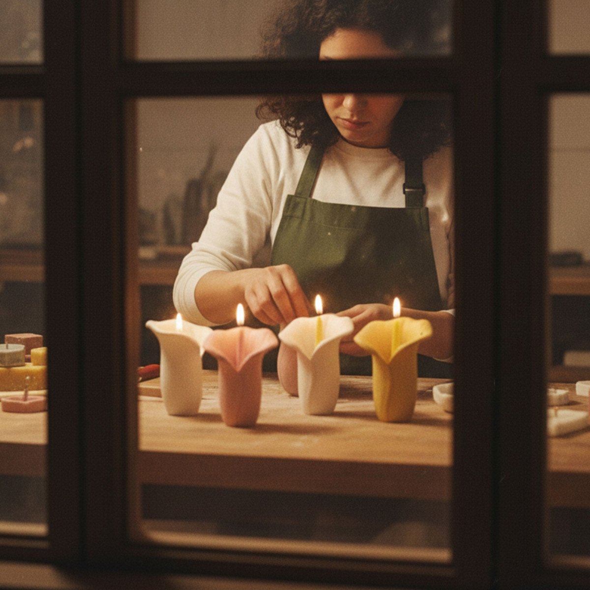 Artisan in a green apron hand-finishing pastel Copo de Luz calla-lily candle holders - Boowan Nicole