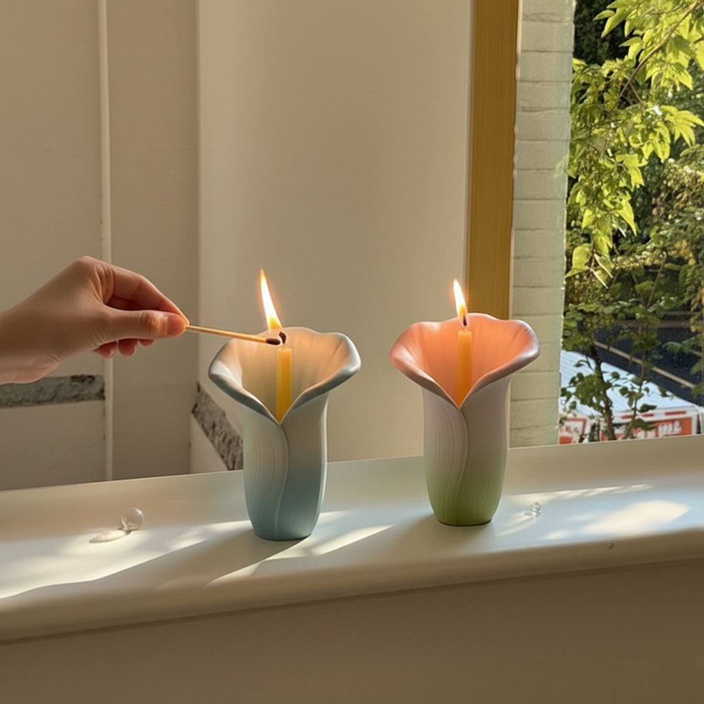 Lighting pastel Copo de Luz calla-lily candle holders on a sunny windowsill - Boowan Nicole