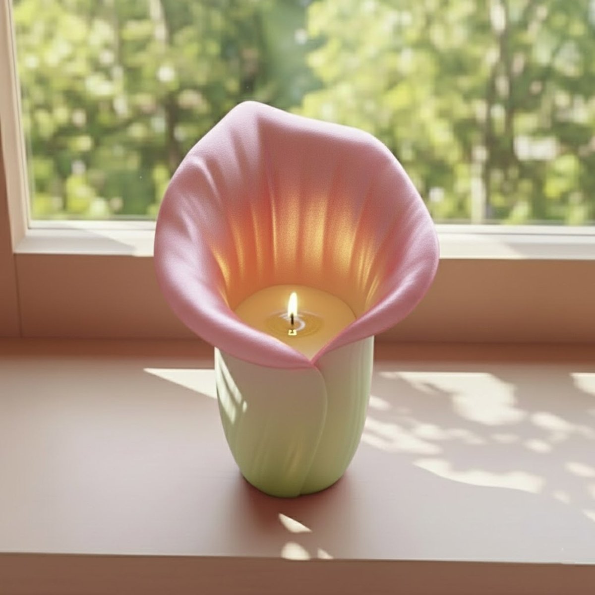 Pastel Copo de Luz calla-lily candle holder with a lit tealight on a sunny windowsill - Boowan Nicole