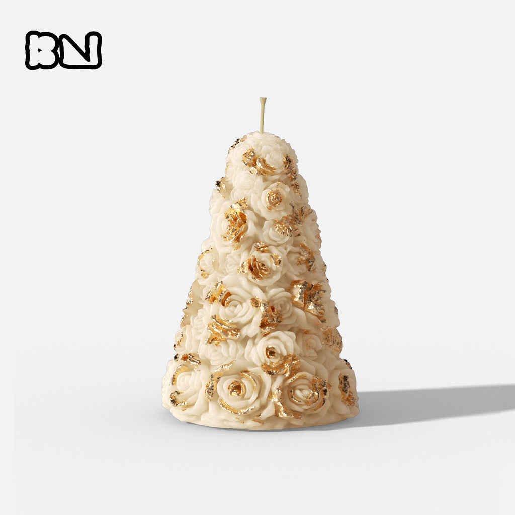 Ivory rose tree pillar candle with sculpted roses and gold leaf accents, standing on a white background - Boowan Nicole