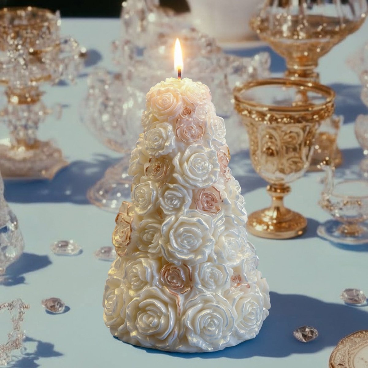 Lit ivory rose tree pillar candle with pearl finish and blush roses on a blue table styled with vintage gold glassware - Boowan Nicole