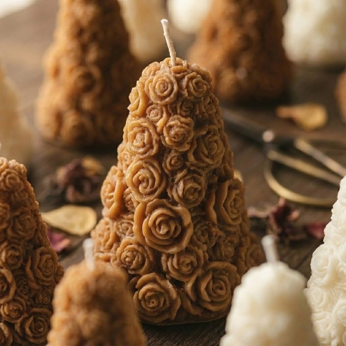 Showing crisp sculpted rose petals and rich  texture on a rustic wooden table - Boowan Nicole