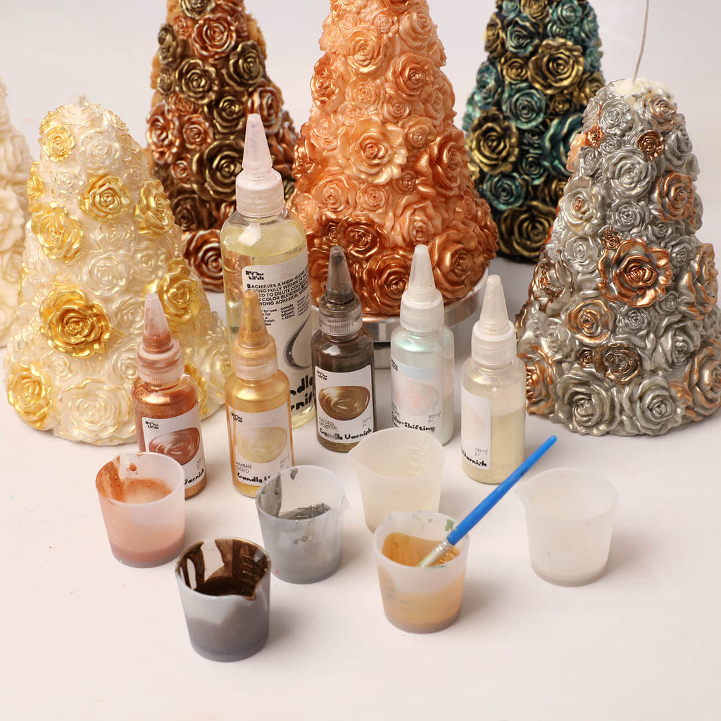 Metallic rose tree pillar candles in gold, copper, teal and silver, with Celebration Glossy Candle Varnish Set, paint cups and brush - Boowan Nicole