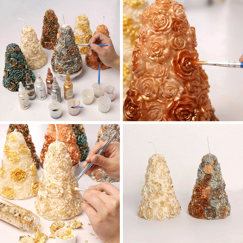 Collage showing step-by-step painting of rose tree candles with metallic mica varnish and gold leaf, turning plain ivory candles into gold, copper and teal designs - Boowan Nicole