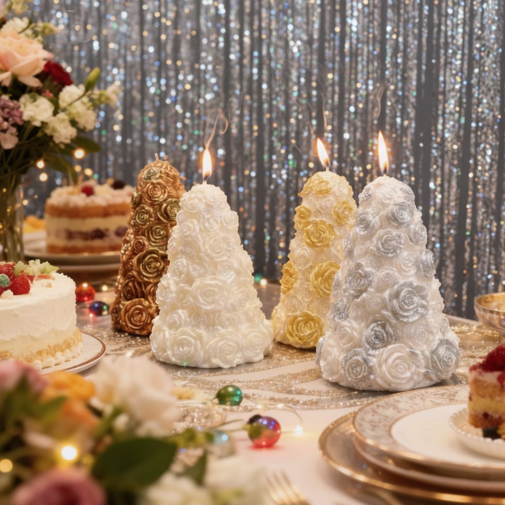 Pearl, gold and silver rose tree candles glowing on a festive dessert table - Boowan Nicole 