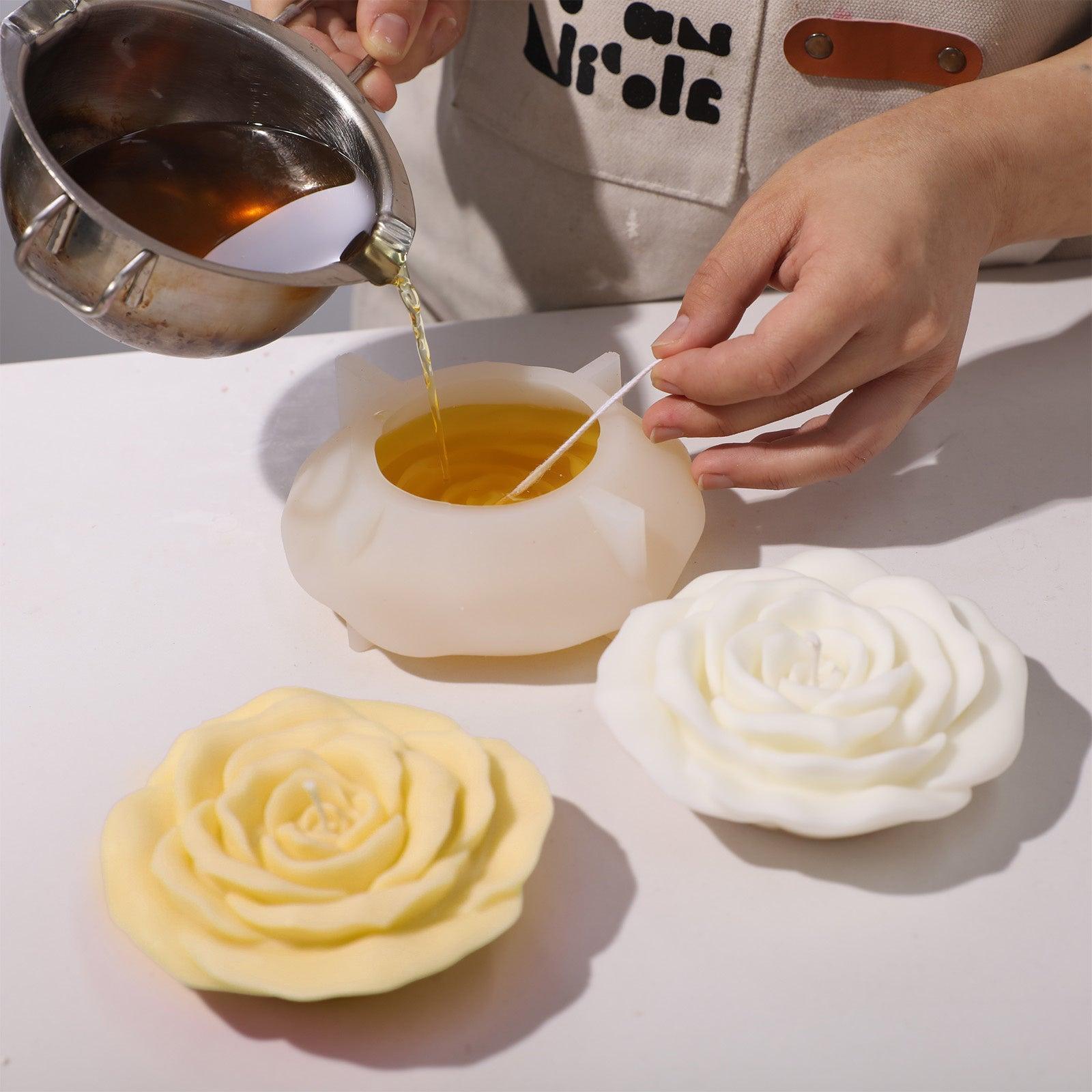 Wax pouring into 5-inch rose flower candle silicone mold - Boowan Nicole