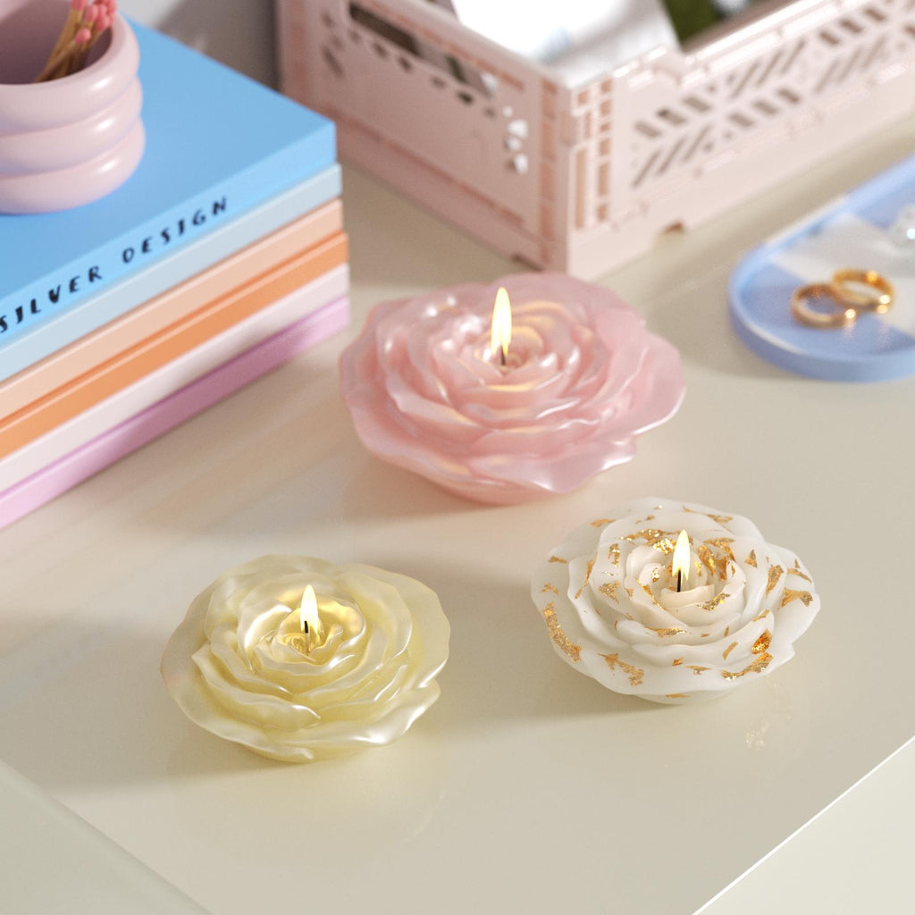 Hand-colored mica rose candles and gold leaf white candles – elegant, colorful home decor - Boowan Nicole