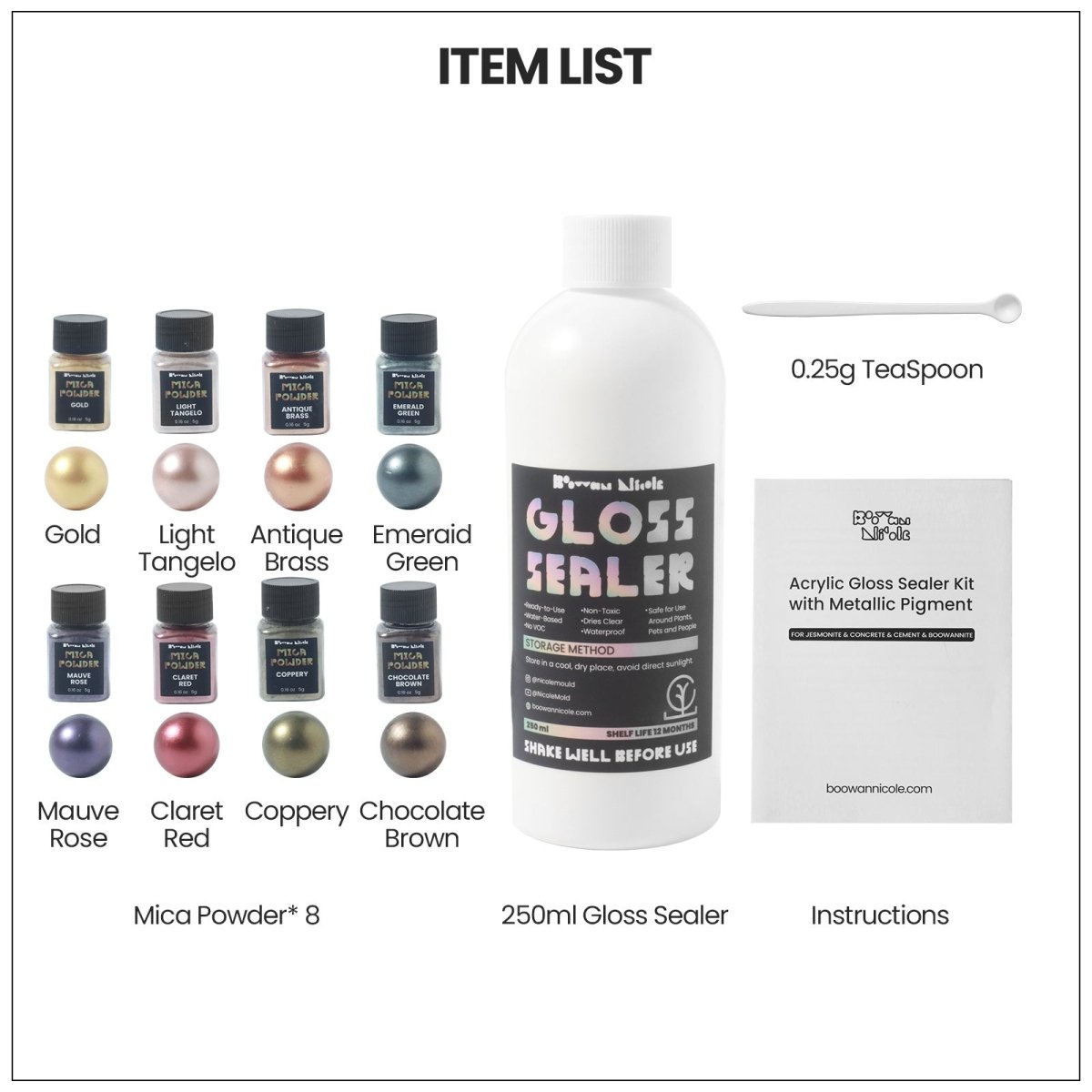 Glitter Colorable Acrylic Gloss Sealer Varnish with Mica Powder Kit - 8 of Metallic ColorsCraft Toolsst-19