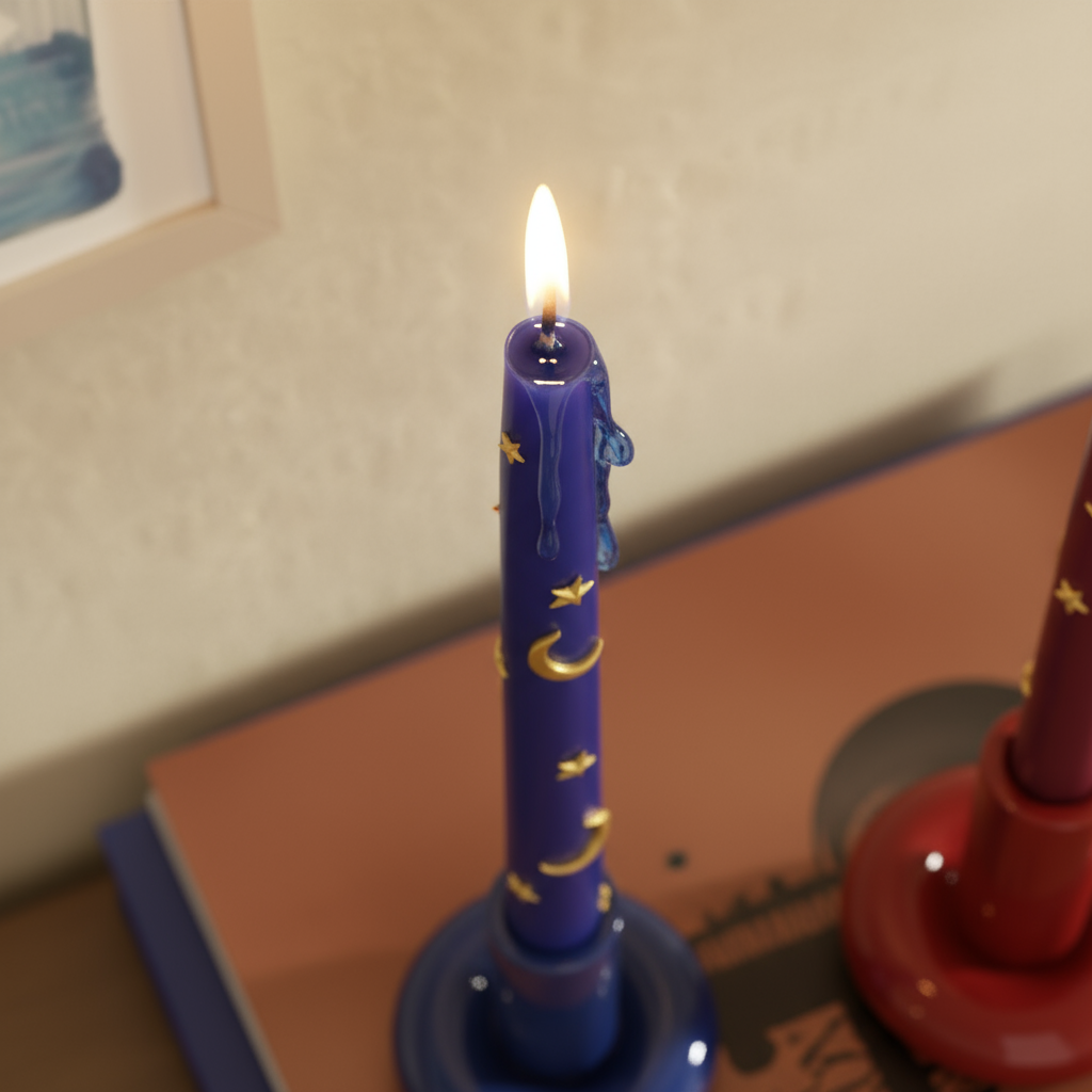 Lit blue taper candle with gold crescent moons and stars, wax drips down the side, in a glossy holder on books - Boowan Nicole