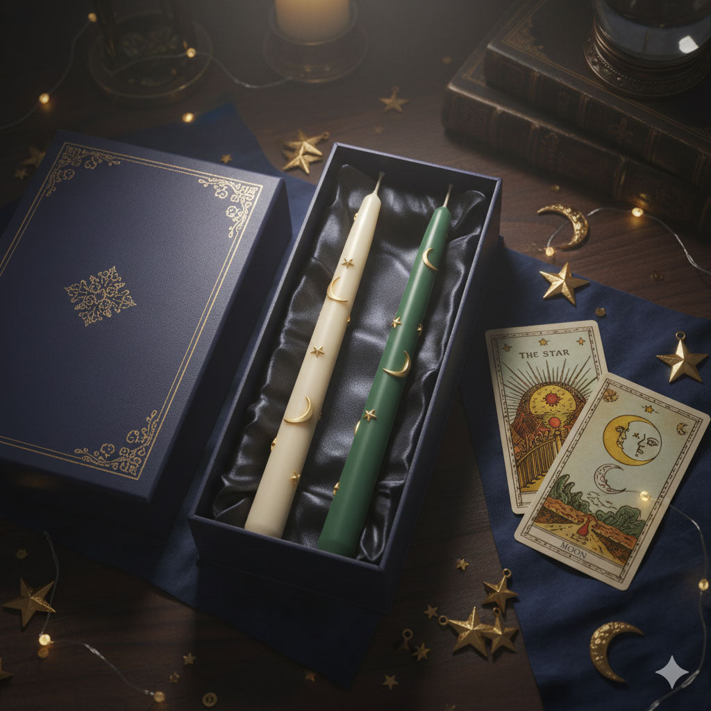 Midnight Magic taper candle gift set—ivory and green tapers with gold crescents and stars in a navy box, styled with tarot cards - Boowan Nicole