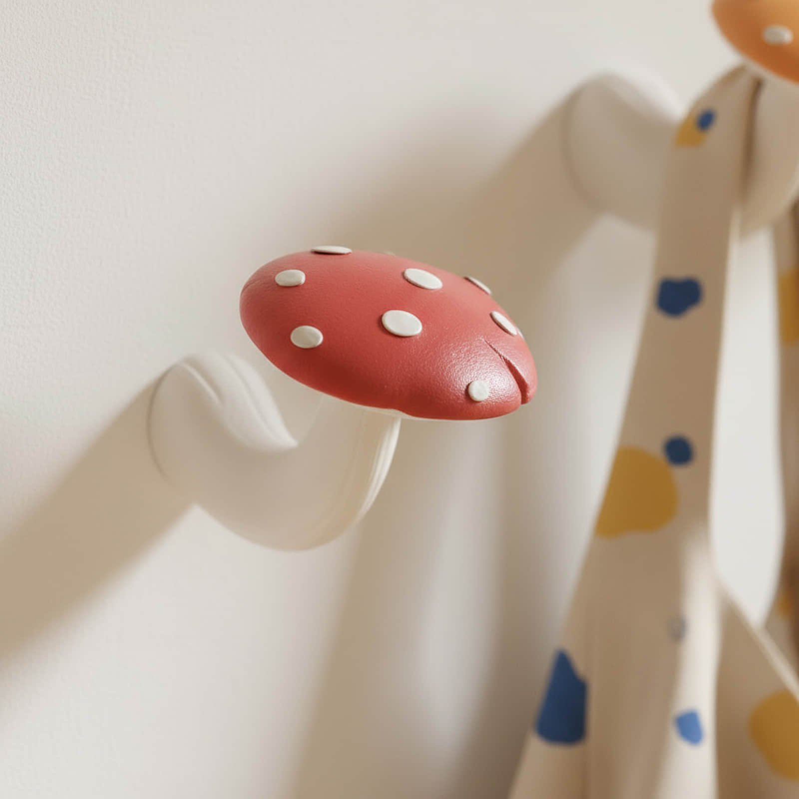 Close-up of red toadstool wall hook with white dots and curved stem, cast with the Mushroom Buddies silicone mold - Boowan Nicole