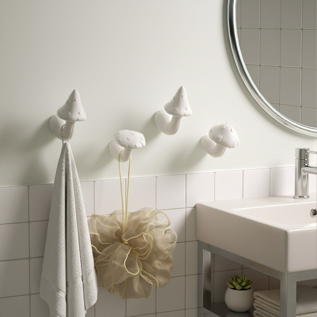 White mushroom wall hooks cast from a silicone mold in a bathroom—three cap styles mounted by the sink, holding a towel and a bath sponge - Boowan Nicole