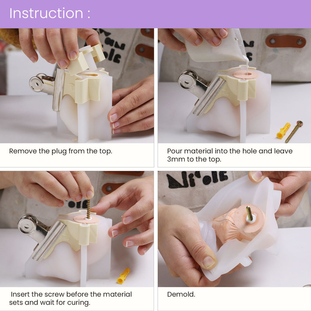 Step-by-step casting guide: remove plug, pour mix (leave 3 mm), insert screw, and demold a mushroom wall hook using the Mushroom Buddies silicone mold - Boowan Nicole