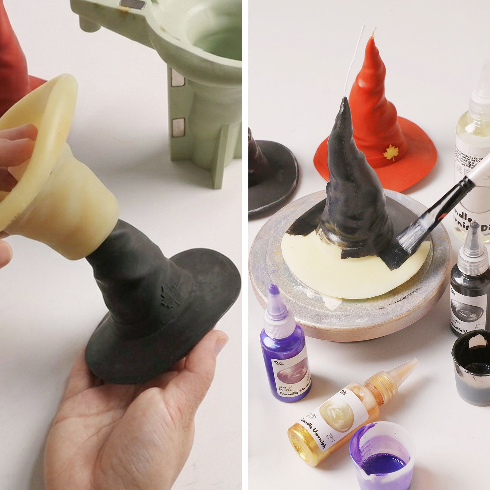 Two-panel DIY collage: demolding finished black wizard hat candle blank & brushing topcoat varnish with paint tools - Boowan Nicole