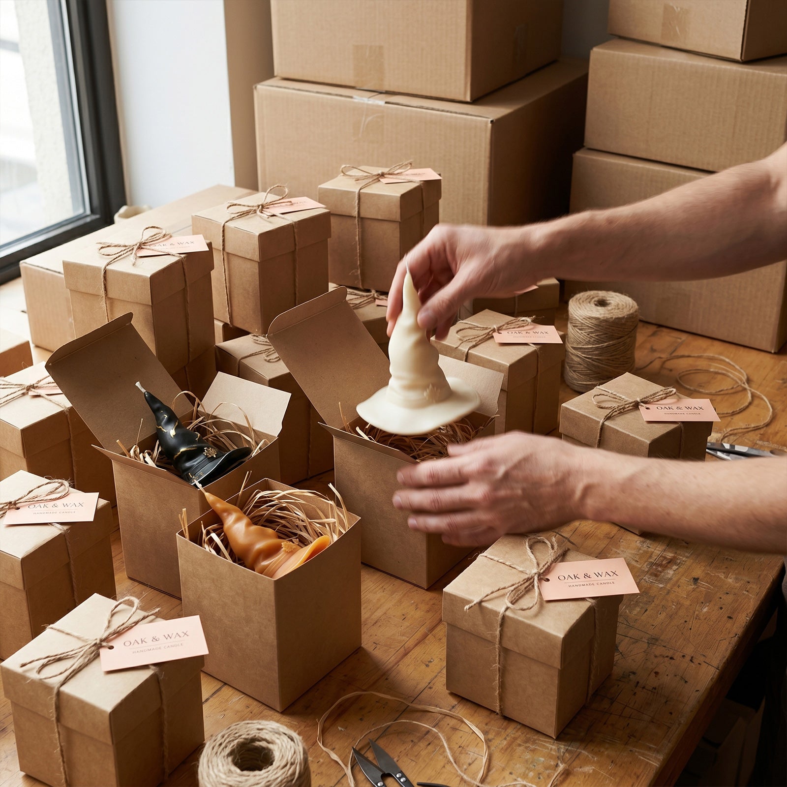 Workshop packaging shot: packing black & cream orange maple leaf wizard hat candles into kraft paper gift boxes with crinkle paper filler - Boowan Nicole