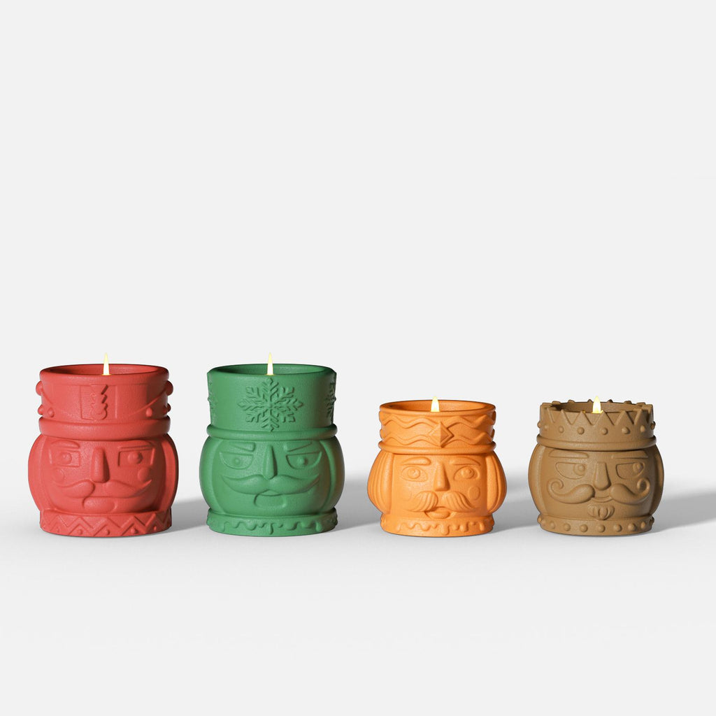 Nutcracker-shaped candle jars in red, green, orange, and brown – perfect for DIY Christmas candles and festive decor - Boowan Nicole