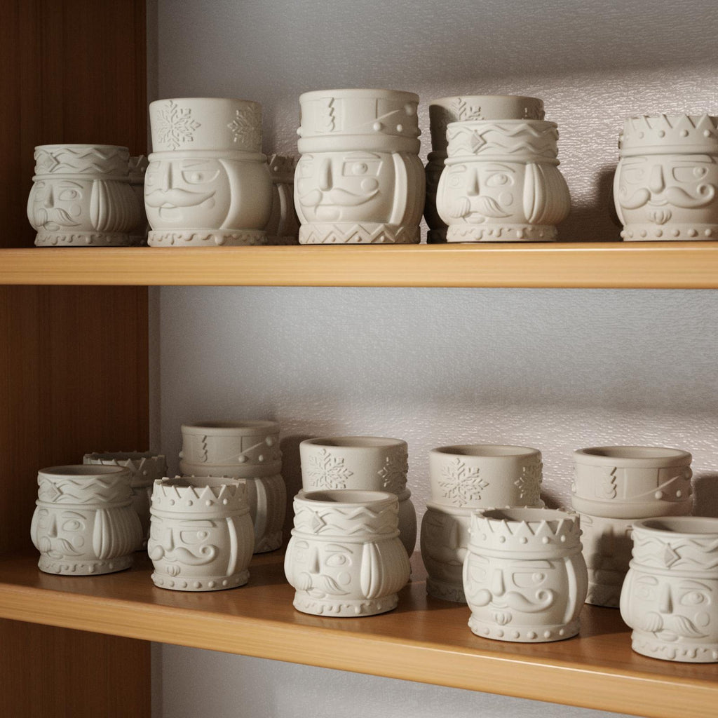 Unpainted nutcracker-shaped candle jars neatly arranged on wooden shelves – ready for DIY coloring or wax filling - Boowan Nicole