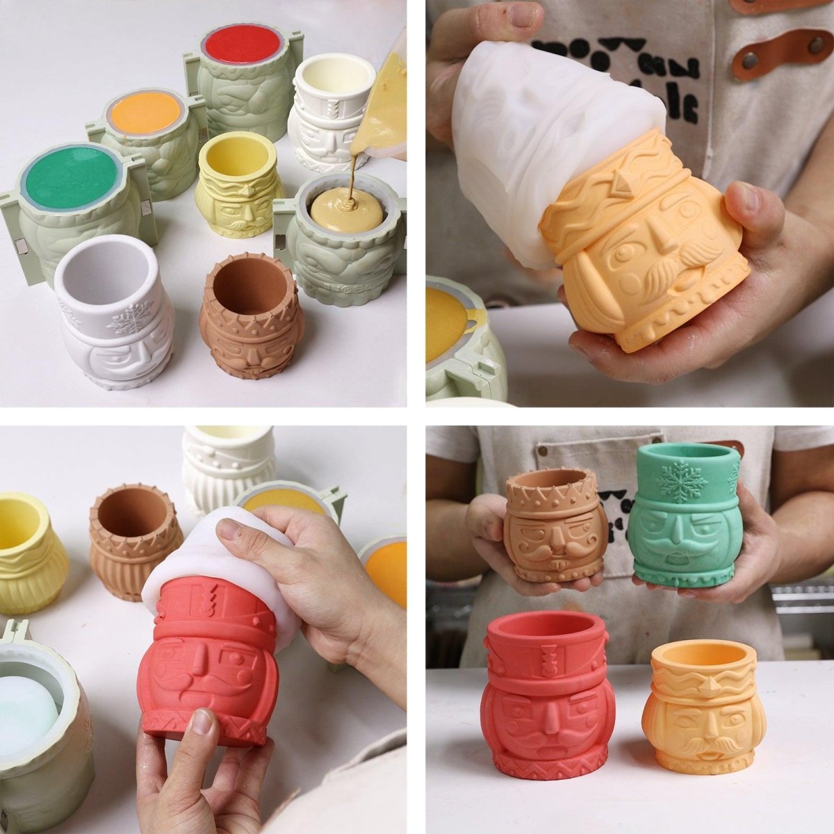 Nutcracker candle jar making process – showing wax pouring, silicone mold removal, and finished colorful jars for DIY Christmas crafts - Booowan Nicole