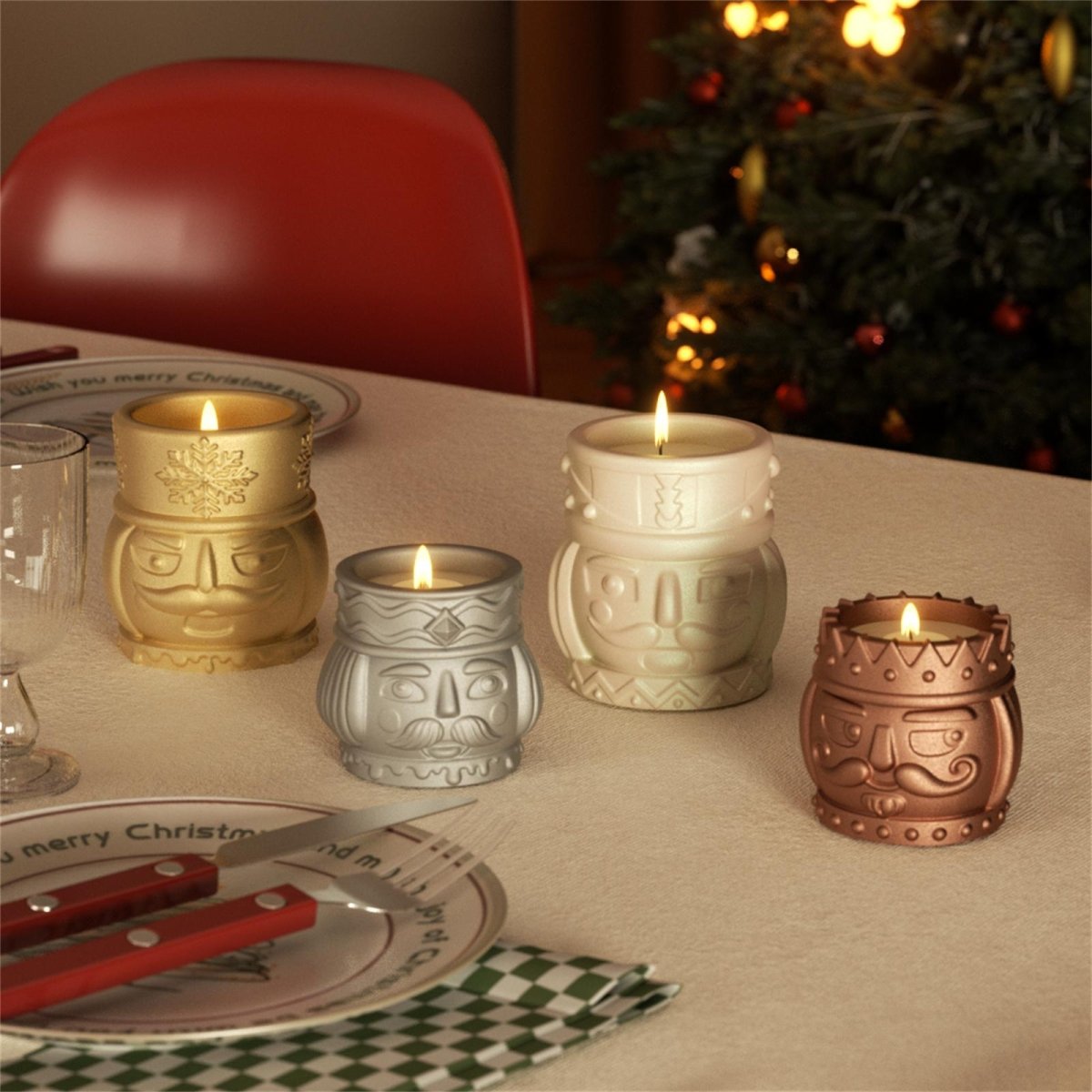 Metallic nutcracker candles jar as holiday table decor – Christmas-themed setting with warm candleligh - Boowan Nicole