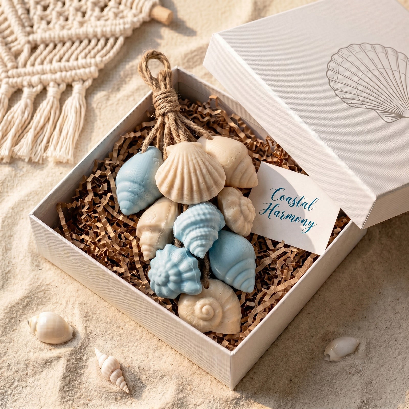 Coastal seashell soap hanging set packaged in white gift box with shredded paper filler on sand - Boowan Nicole